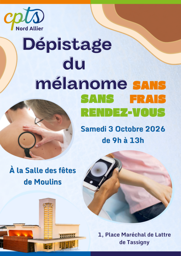 Samedi 3 octobre de 9h à 13h à la salle des fêtes de Moulins. 1, Place Maréchal de Lattre de Tassigny 03000 Moulins. Dépistage sans frais sans rendez-vous du mélanome.